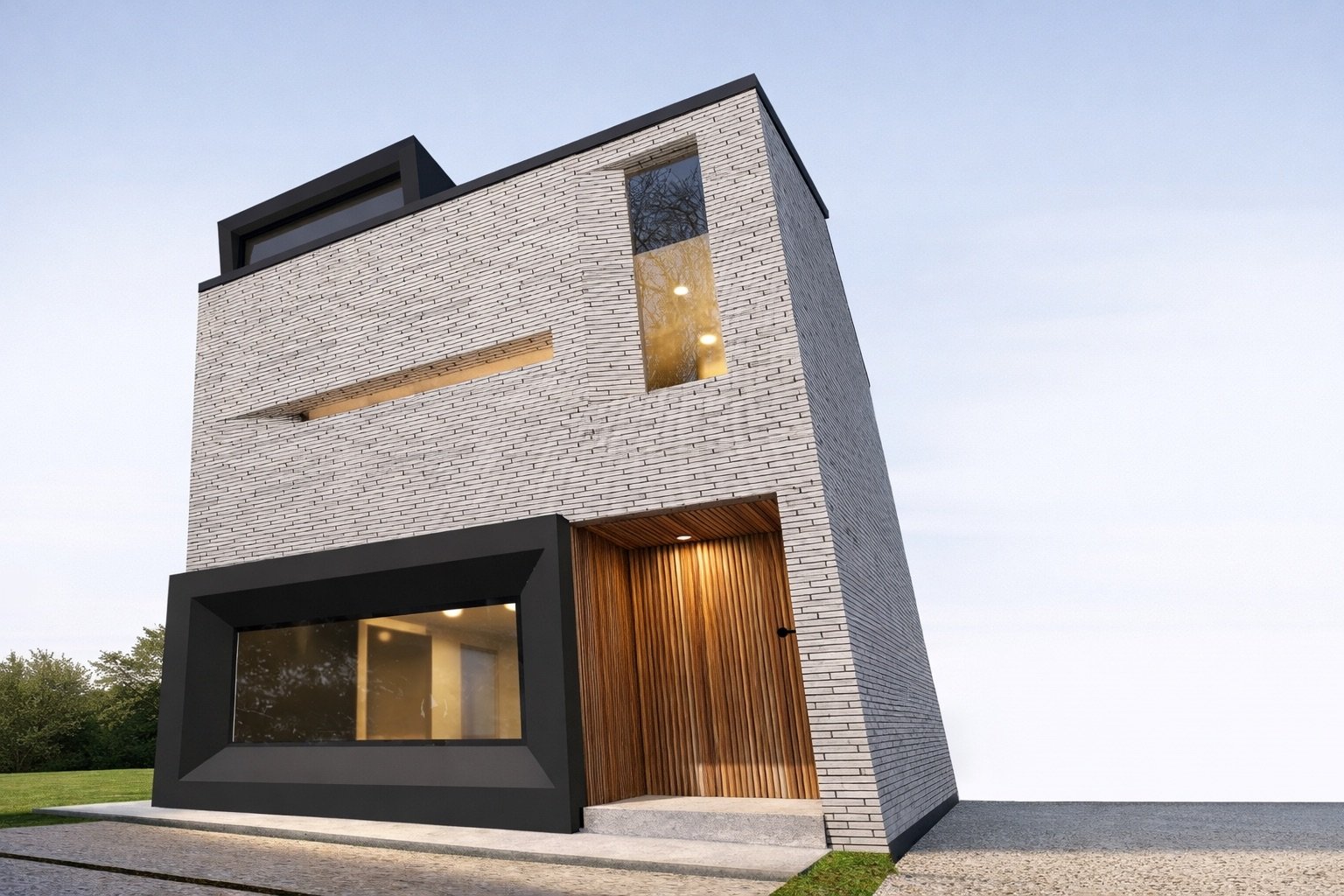 Casa Bruno, volumen de ladrillo claro con marco negro y acceso de madera