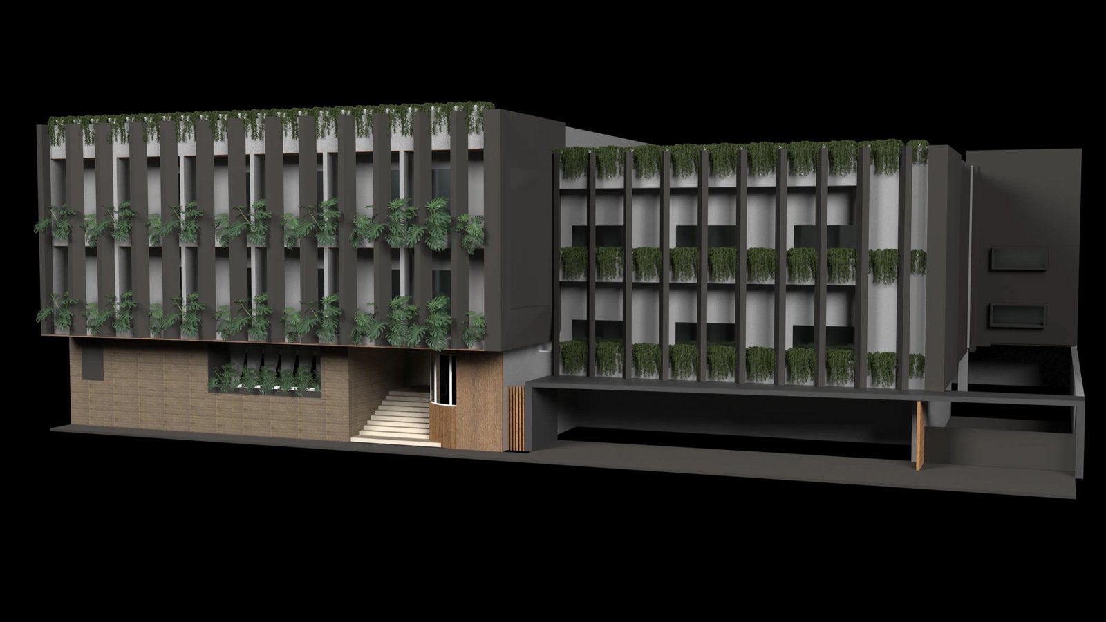 Co.work, esquina del edificio con vegetación colgante