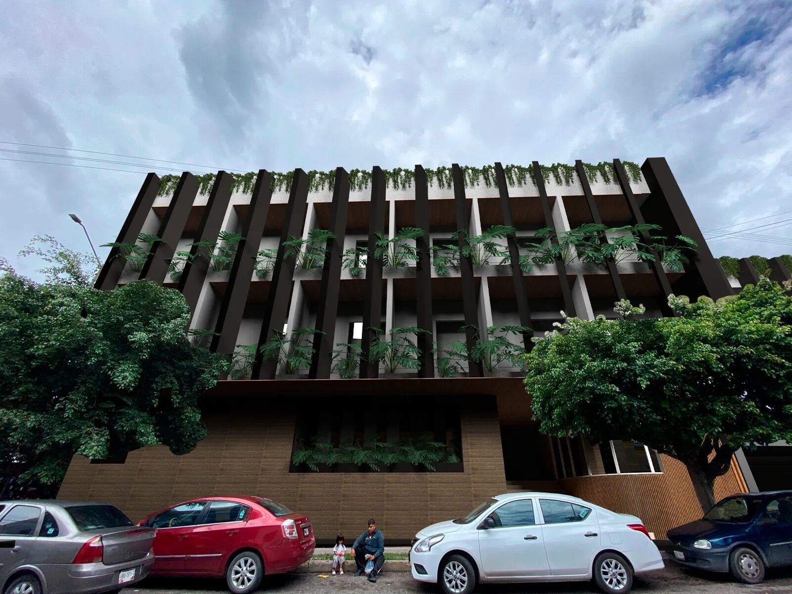 Co.work Chilpancingo, fachada de parteluces verticales con vegetación en cascada