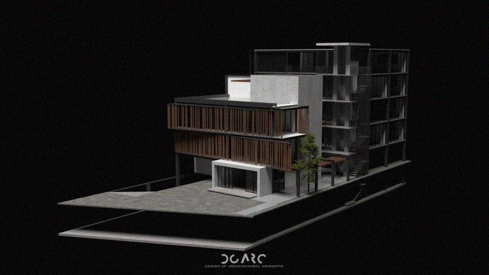 Oficinas Cuauhtémoc, maqueta arquitectónica sobre fondo negro