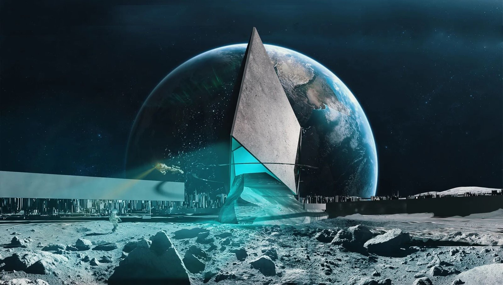 L.U.N.A., monolito habitable sobre la superficie lunar con la Tierra elevándose al fondo
