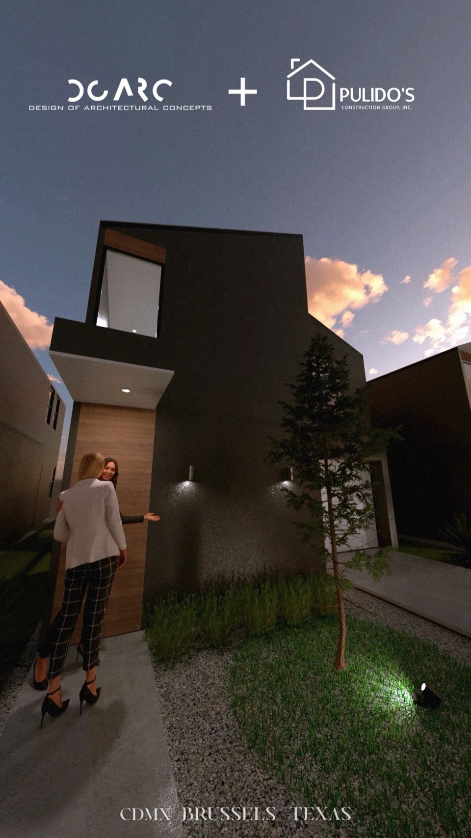 TownHouse One, conjunto de viviendas de cubierta inclinada al atardecer