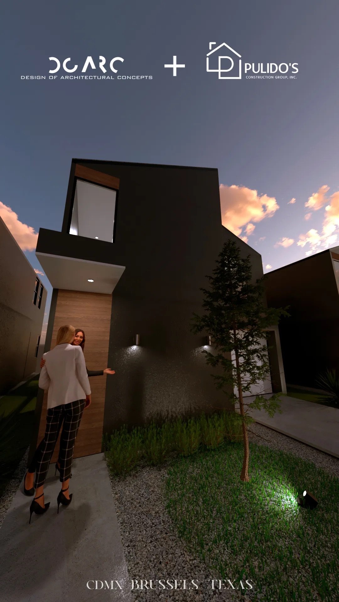 TownHouse One, conjunto de viviendas de cubierta inclinada al atardecer
